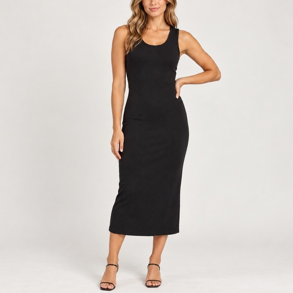 Marine Layer Lexi Rib Daytime Midi Dress S Black Knit Tank Dress
